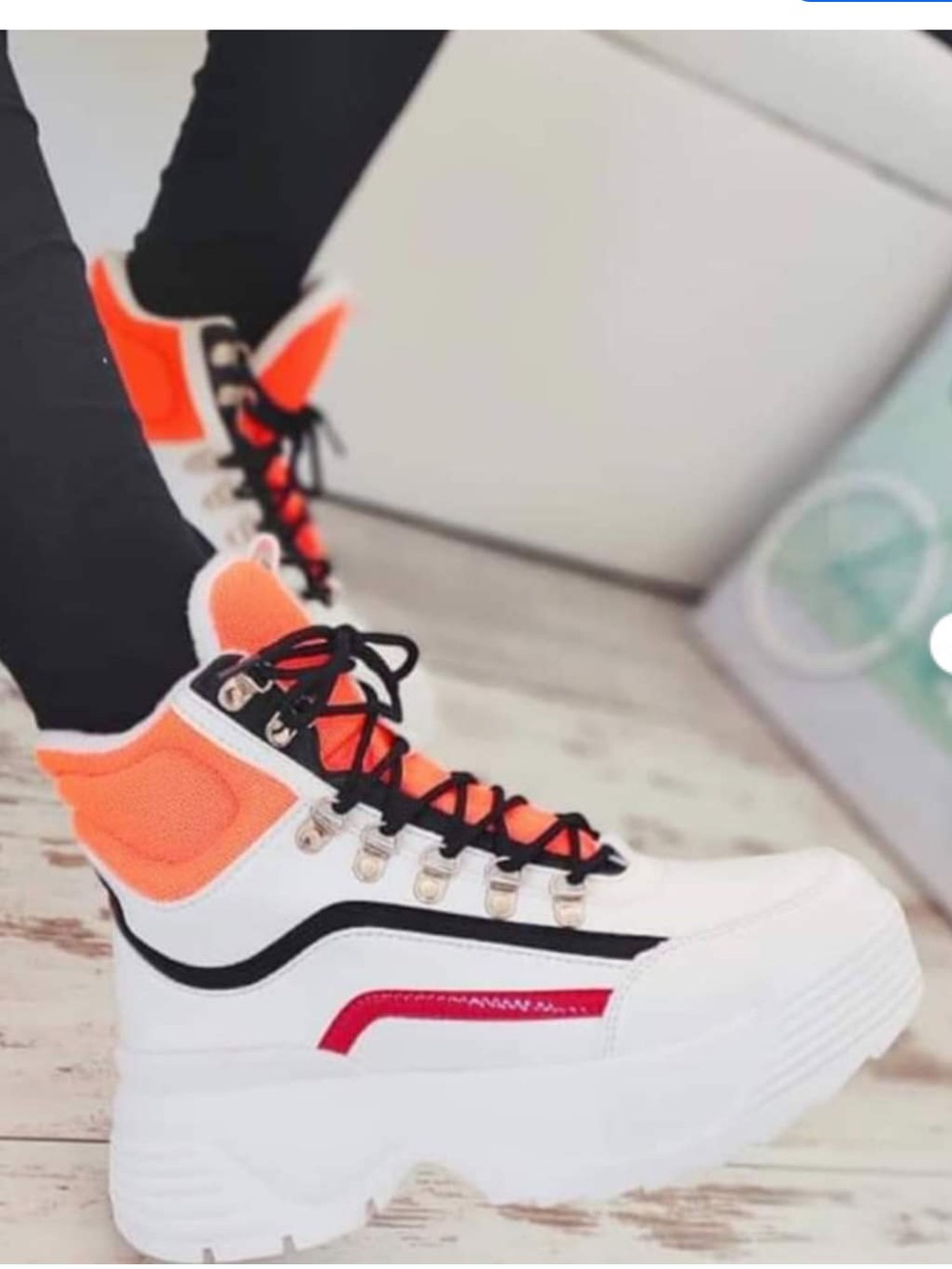 Women’s High-Top Platform Sneakers - White with Orange & Red Accents